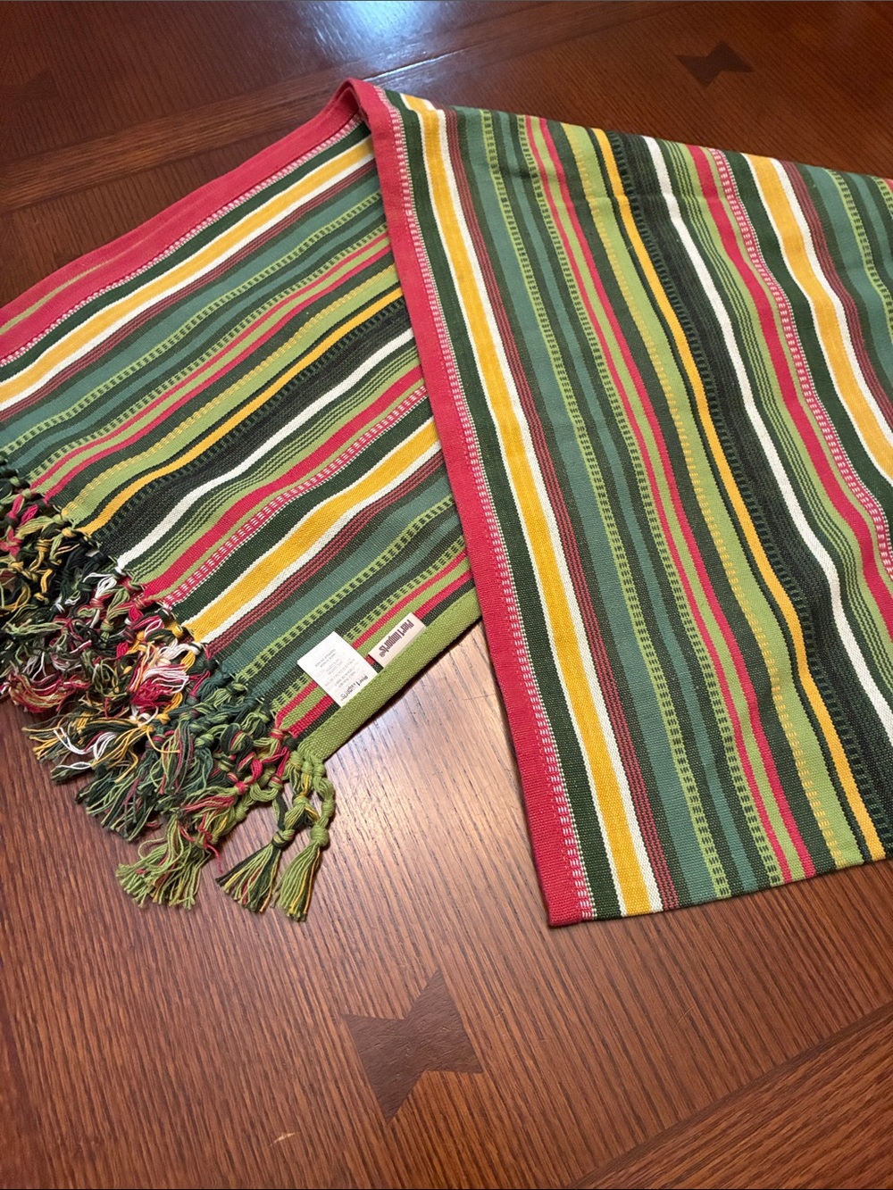 Pier 1 Striped Green and Red Woven Table Runner with Fringe